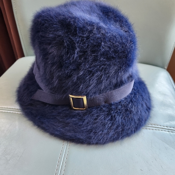 KANGOL Vtg NAVY Furgora Rachel Angora Bucket Hat Buckle England Furry EUVC - Picture 12 of 16